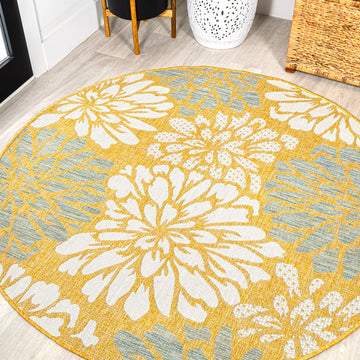 Zinnia Modern Floral Textured Weave Indoor/outdoor Round Rug